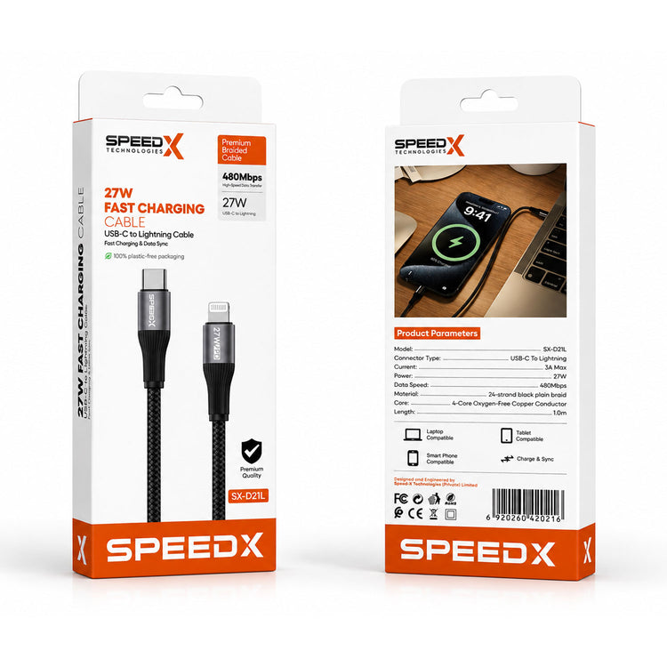 SPEED-X SX-D21L 27W USB-C TO LIGHTNING BRAIDED FAST CHARGING CABLE 1M