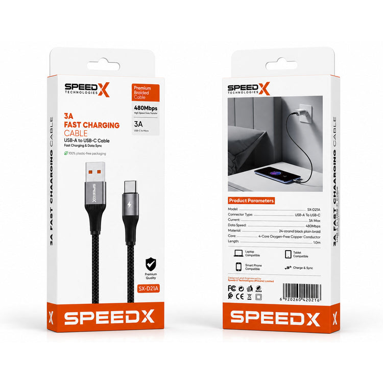 SPEED-X SX-D21A 3A USB-A TO TYPE-C BRAIDED FAST CHARGING CABLE 1M