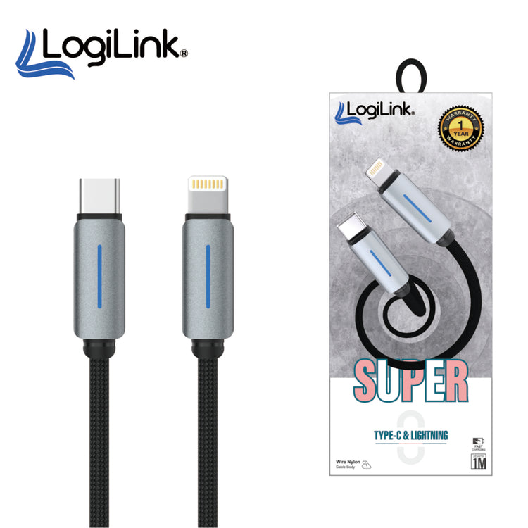 LOGILINK TYPE C TO LIGHTNING NYLON FAST CHARGING DATA CABLE WITH LIGHT 1M (1 YEAR WARRANTY) BLACK
