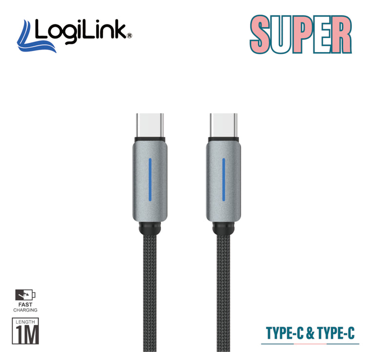 LOGILINK TYPE C TO TYPE C NYLON FAST CHARGING DATA CABLE WITH LIGHT 1M (1 YEAR WARRANTY) GREY