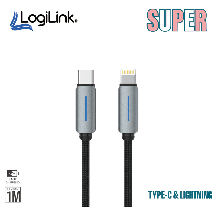 LOGILINK TYPE C TO LIGHTNING NYLON FAST CHARGING DATA CABLE WITH LIGHT 1M (1 YEAR WARRANTY) BLACK
