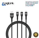 LOGILINK 3IN1 USB TO MICRO/TYPE C/IPHONE NYLON DATA CABLE 6A FAST CHARGING 1M 1 YEAR WARRANTY BLACK
