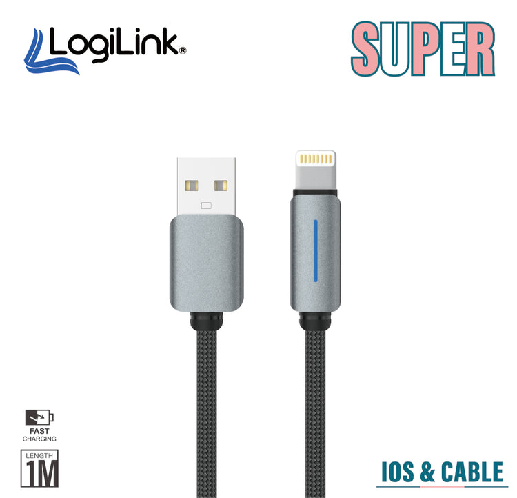 LOGILINK USB TO LIGHTNING NYLON FAST CHARGING DATA CABLE WITH LIGHT 1M (1 YEAR WARRANTY) GREY