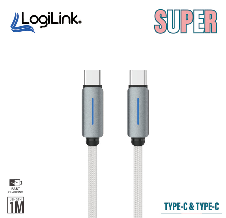 LOGILINK TYPE C TO TYPE C NYLON FAST CHARGING DATA CABLE WITH LIGHT 1M (1 YEAR WARRANTY WHITE)