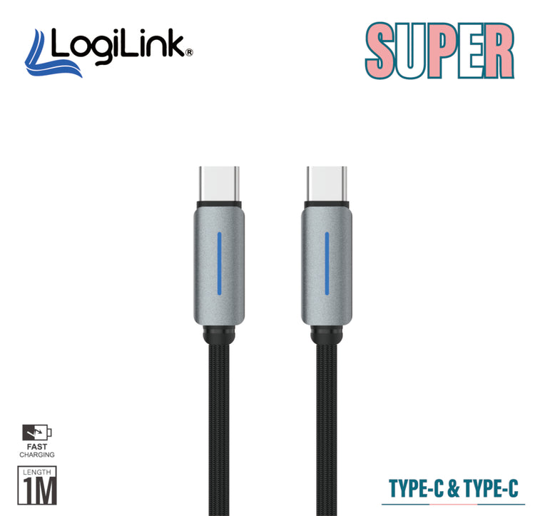 LOGILINK TYPE C TO TYPE C NYLON FAST CHARGING DATA CABLE WITH LIGH1M (1 YEAR WARRANTY) BLACK