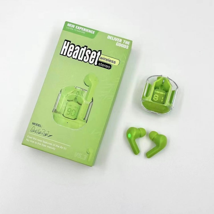 AIR 31 TWS ORIGINAL WITH BIG PACKING TRANSPARENT EARBUDS BLUETOOTH 5.3V Green