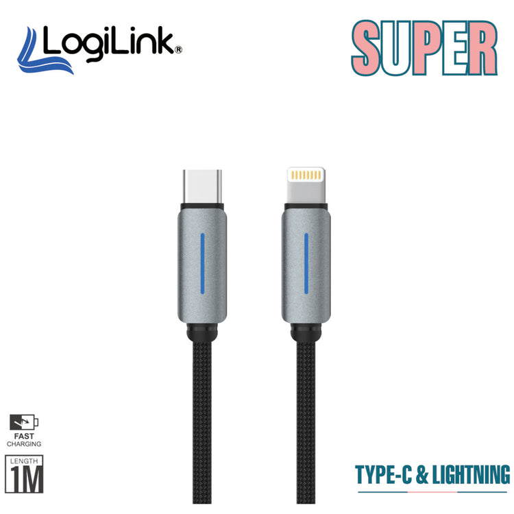 LOGILINK TYPE C TO LIGHTNING NYLON FAST CHARGING DATA CABLE WITH LIGHT 1M (1 YEAR WARRANTY) BLACK