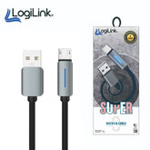 LOGILINK USB TO MICRO NYLON FAST CHARGING DATA CABLE WITH LIGHT 1M (1 YEAR WARRANTY) BLACK
