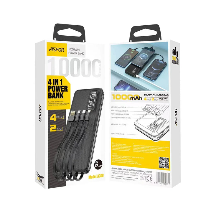 ASPOR A300 POWER BANK ORIGINAL 10000MAH LI-POLYMER BATTERY 4 IN1 POWER BANK BLACK