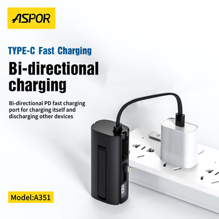 Aspor A351 2IN1 IPHONE & TYPE-C Flexible Portable Mini 5000mAh Power Bank
