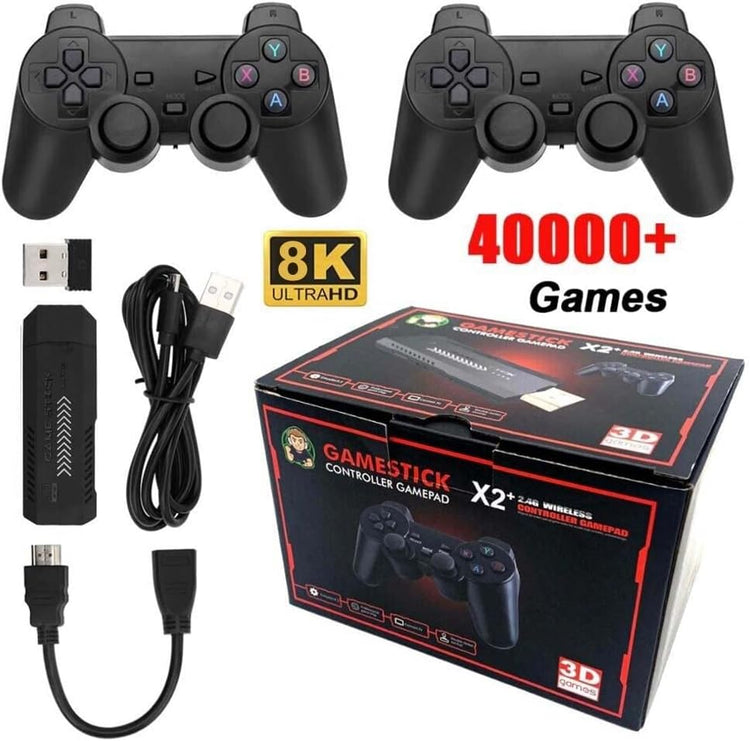 X2 64GB PLUS RETRO 3D 32000+ VIDEO GAMES 4K HD OUTPUT GAME STICK WITH 2 WIRELESS CONTROLLERS