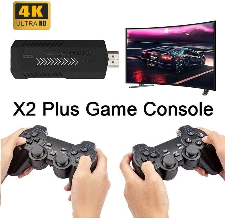 X2 64GB PLUS RETRO 3D 32000+ VIDEO GAMES 4K HD OUTPUT GAME STICK WITH 2 WIRELESS CONTROLLERS