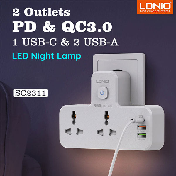 LDNIO SC2311 20W PD FAST CHARGING 2500W POWER EXTENSION TOUCH NIGHT LAMP 2 SOCKETS 1 USB-C +2 USB-A