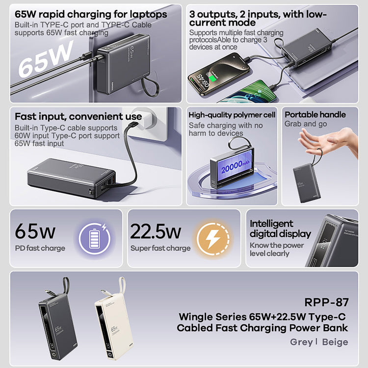 REMAX RPP-87 WINGLE SERIES 65W+22.5W LAPTOP AND MOBLIE FAST CHARGING POWER BANK 20000 MAH GRAY