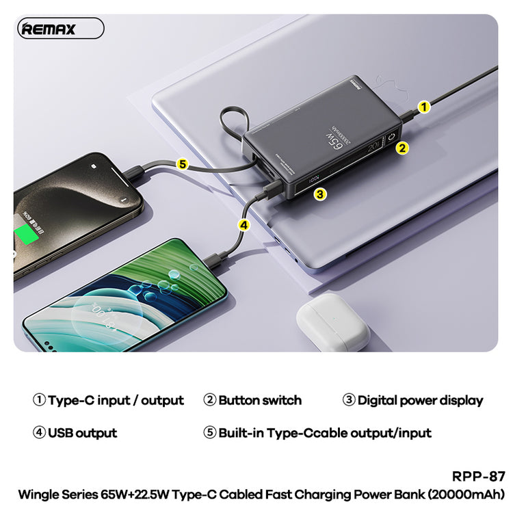 REMAX RPP-87 WINGLE SERIES 65W+22.5W LAPTOP AND MOBLIE FAST CHARGING POWER BANK 20000 MAH GRAY