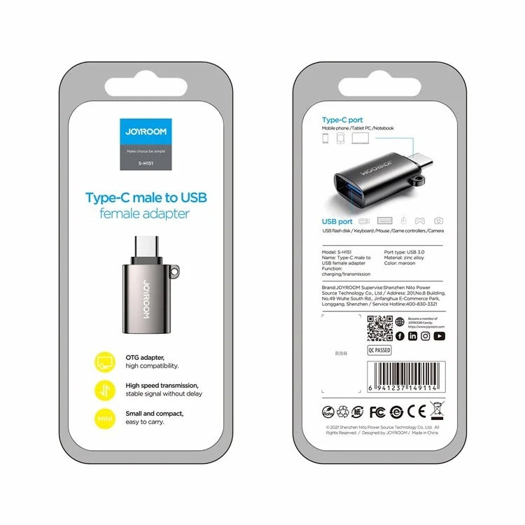 JOYROOM S-H151 TYPE-C MALE TO USB FEMALE ADAPTER SILVER