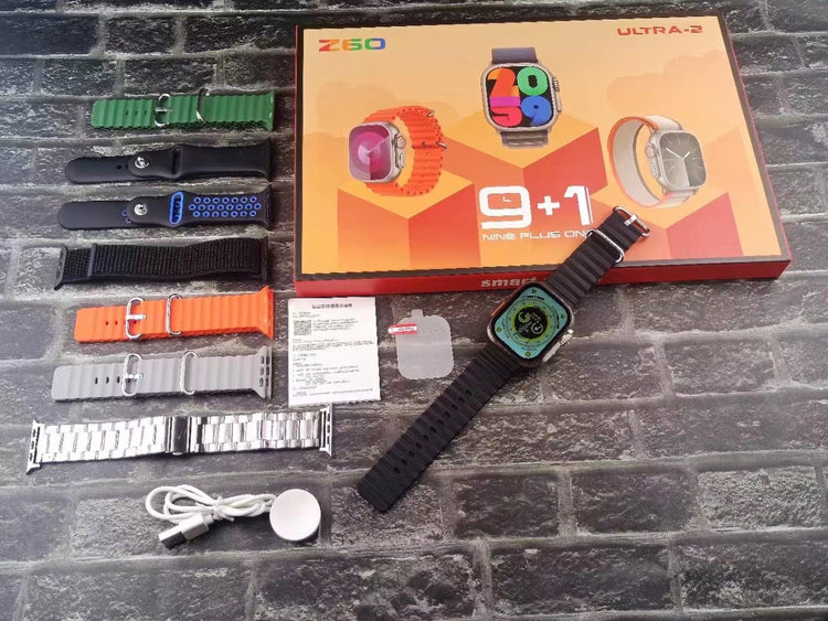 9+1 Z60 ULTRA-2 BIG IPS DISPLAY 49MM 8 STRAP+SCREEN PROTECTOR BT CALLING SMARTWATCH ALWAYS ON DISPLAY WITH FITPRO APP SILVER