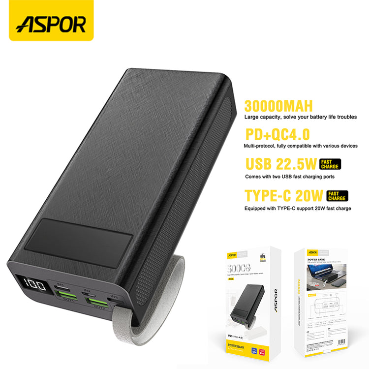 ASPOR A306 Big Capacity Of 30000mAh Power Bank LCD Display 22.5W And 20W PDÂ