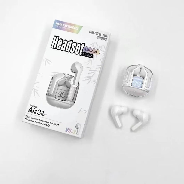 AIR 31 TWS ORIGINAL WITH BIG PACKING TRANSPARENT EARBUDS BLUETOOTH 5.3V White