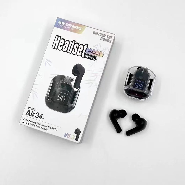 AIR 31 TWS ORIGINAL WITH BIG PACKING TRANSPARENT EARBUDS BLUETOOTH 5.3V Black