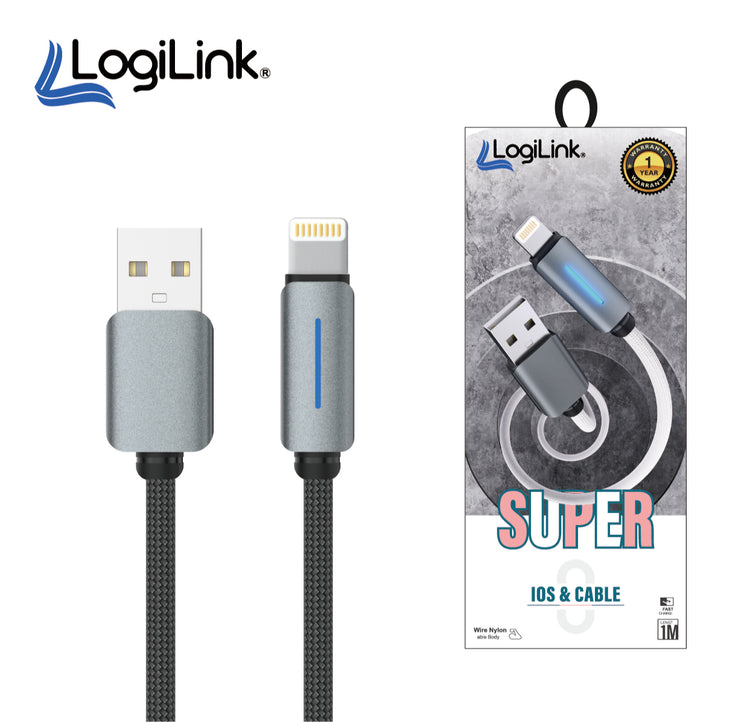 LOGILINK USB TO LIGHTNING NYLON FAST CHARGING DATA CABLE WITH LIGHT 1M (1 YEAR WARRANTY) GREY