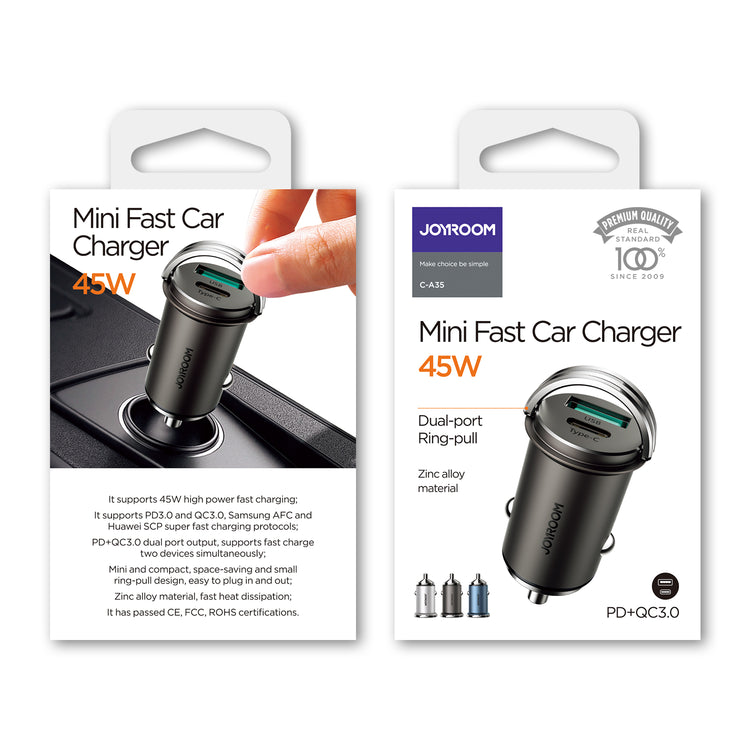 JOYROOM C-A35 45W Mini Dual-port PD+QC 3.0 Ring-pull Fast Car Charger