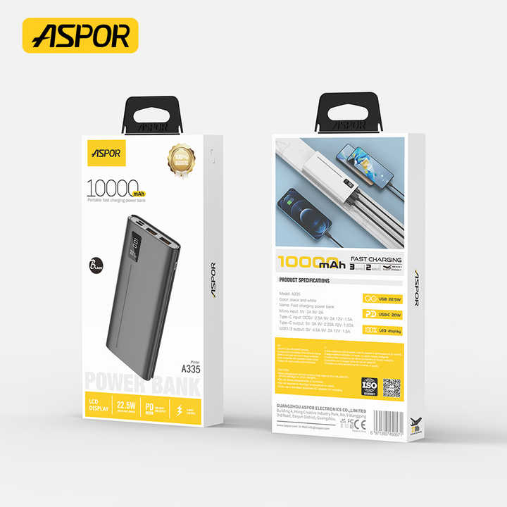 ASPOR A335 POWER BANK 10000MAH 22.5W PD+QC 3.0  WITH LCD DIGITAL DISPLAY