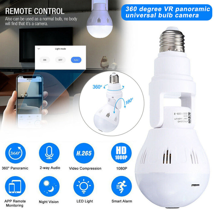 WiFi Flexible Light Bulb Camera 1080P HD Wireless 360 Degree Panoramic Infrared Night Vision WITH V380 APP