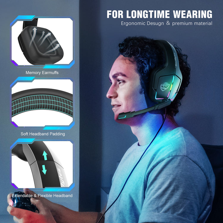 SOULBYTES S12  PS4 PS5 PC XBOX ONE SWITCH WITH MICROPHONE DYNAMIC RGB LED EFFECT 3.5MM WIRED STEREO BASS OVER EAR MIC GAMING HEADPHONES