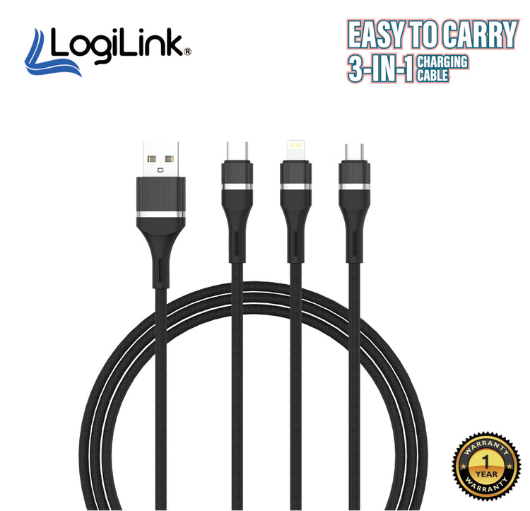 LOGILINK 3IN1 USB TO MICRO/TYPE C/IPHONE NYLON DATA CABLE 6A FAST CHARGING 1M 1 YEAR WARRANTY BLACK