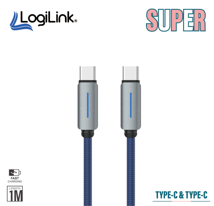 LOGILINK TYPE C TO TYPE C NYLON FAST CHARGING DATA CABLE WITH LIGHT 1M (1 YEAR WARRANTY) BLUE