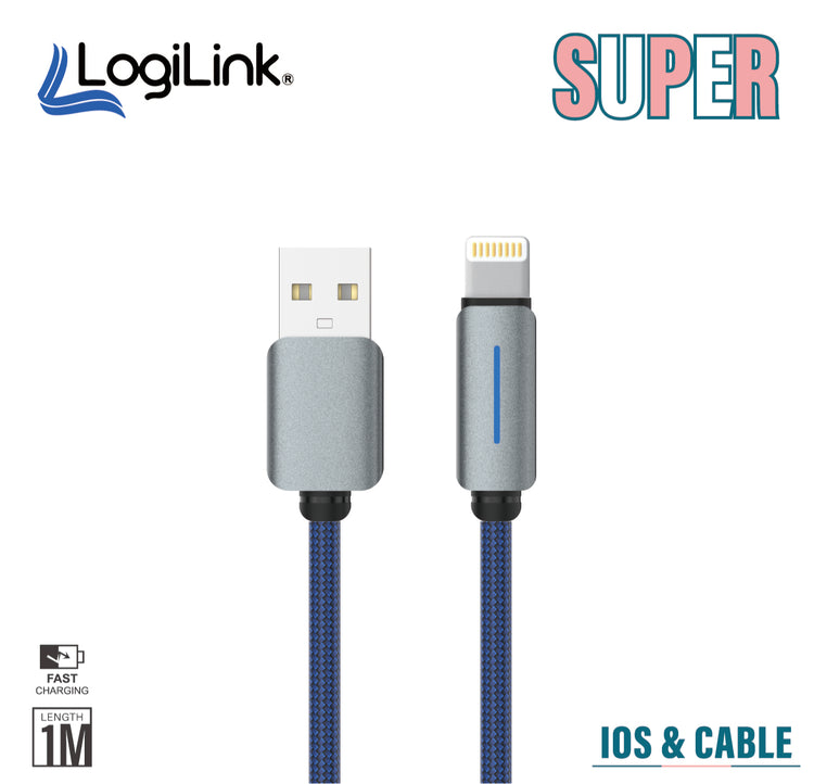 LOGILINK USB TO LIGHTNING NYLON FAST CHARGING DATA CABLE WITH LIGHT 1M (1 YEAR WARRANTY) BLUE