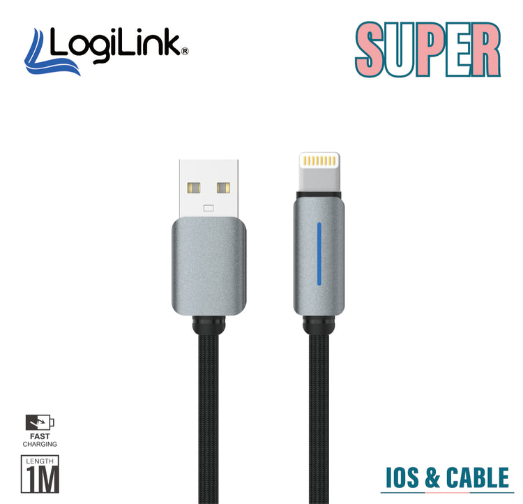 LOGILINK USB TO LIGHTNING NYLON FAST CHARGING DATA CABLE 1M 1 YEAR WARRANTY BLACK