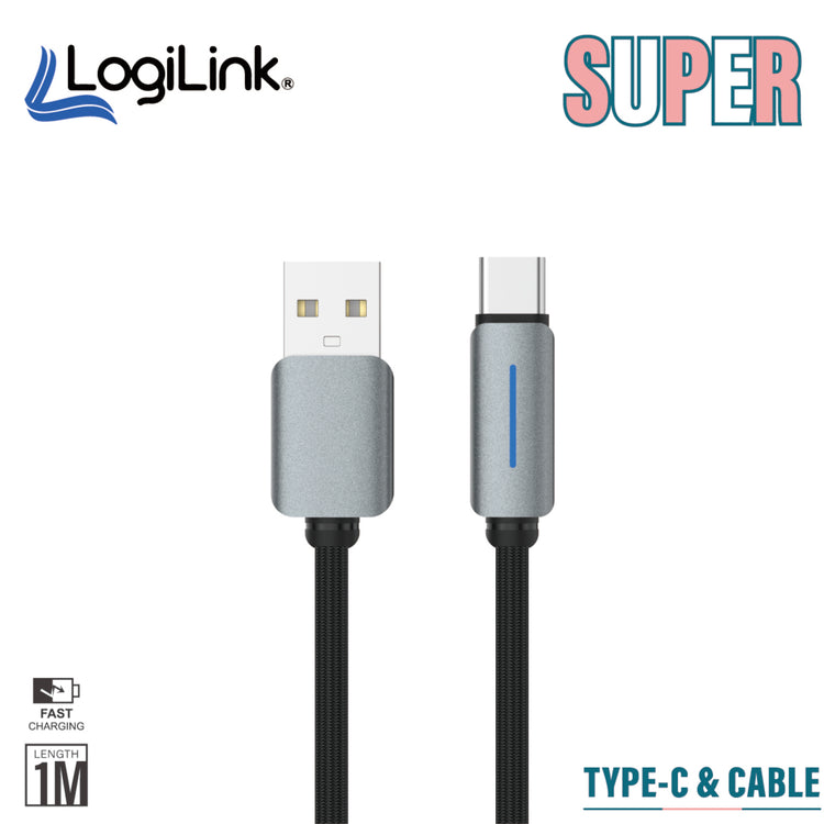 LOGILINK USB TO TYPE C NYLON FAST CHARGING DATA CABLE WITH LIGHT 1M (1 YEAR WARRANTY) BLACK