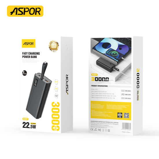 ASPOR A317 22.5W 30000MAH FAST CHARGING POWER BANK WITH 3 CABLES BLACK