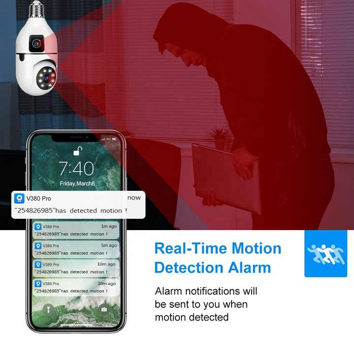 Speed-x Sp-e28-2 Dual Lens Bulb Camera 1080p Wifi Panoramic Night Vision Motion Detection With V380 Pro App
