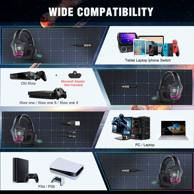SOULBYTES S12  PS4 PS5 PC XBOX ONE SWITCH WITH MICROPHONE DYNAMIC RGB LED EFFECT 3.5MM WIRED STEREO BASS OVER EAR MIC GAMING HEADPHONES