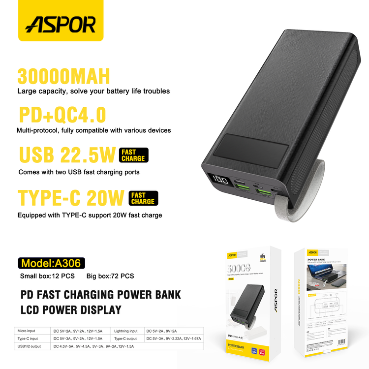 ASPOR A306 Big Capacity Of 30000mAh Power Bank LCD Display 22.5W And 20W PDÂ