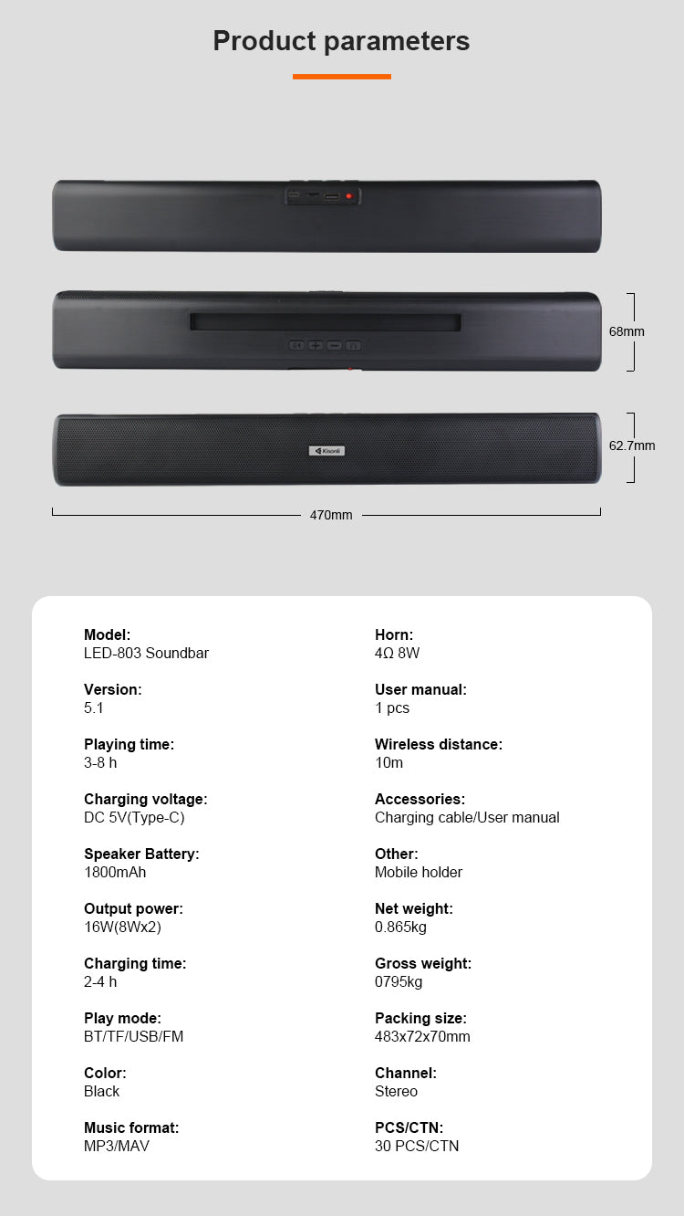 KISONLI LED-803 WIRELESS BT 16W PORTABLE SOUNDBAR SPEAKERS