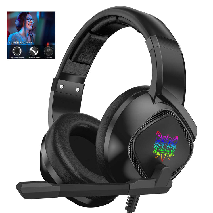 ONIKUMA K19 RGB WIRED STEREO GAMING HEADSET TRUE NOISE CANCELLATION, USB+3.5MM AUDIO PLUG FOR PS4/PC/XBOX ONE CONTROLLER/LAPTOP, BLACK