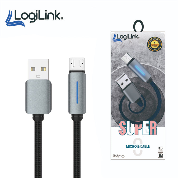 LOGILINK USB TO MICRO NYLON FAST CHARGING DATA CABLE WITH LIGHT 1M (1 YEAR WARRANTY) BLACK