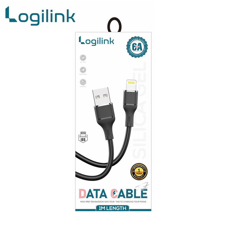 LOGILINK USB TO LIGHTNING SILICONE FAST CHARGING DATA CABLE 1M (1 YEAR WARRANTY) BLACK