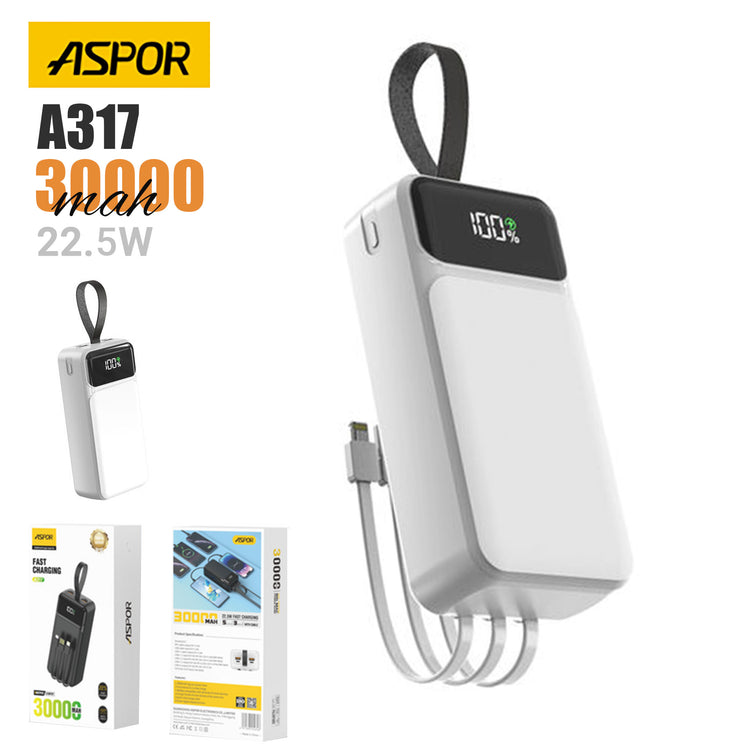 ASPOR A317 22.5W 30000MAH FAST CHARGING POWER BANK WITH 3 CABLES WHITE