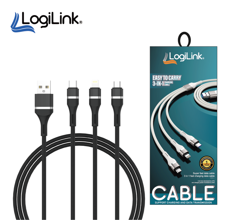 LOGILINK 3IN1 USB TO MICRO/TYPE C/IPHONE NYLON DATA CABLE 6A FAST CHARGING 1M 1 YEAR WARRANTY BLACK