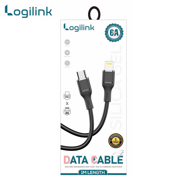 LOGILINK TYPE C TO LIGHTNING SILICONE FAST CHARGING DATA CABLE 1M (1 YEAR WARRANTY) BLACK