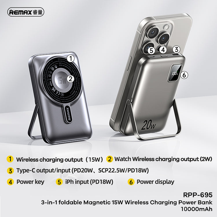 REMAX RPP-695 3 IN 1 (15W M/W) 22.5W + PD 20W POWER BANK WITH FOLDABLE STAND GREY