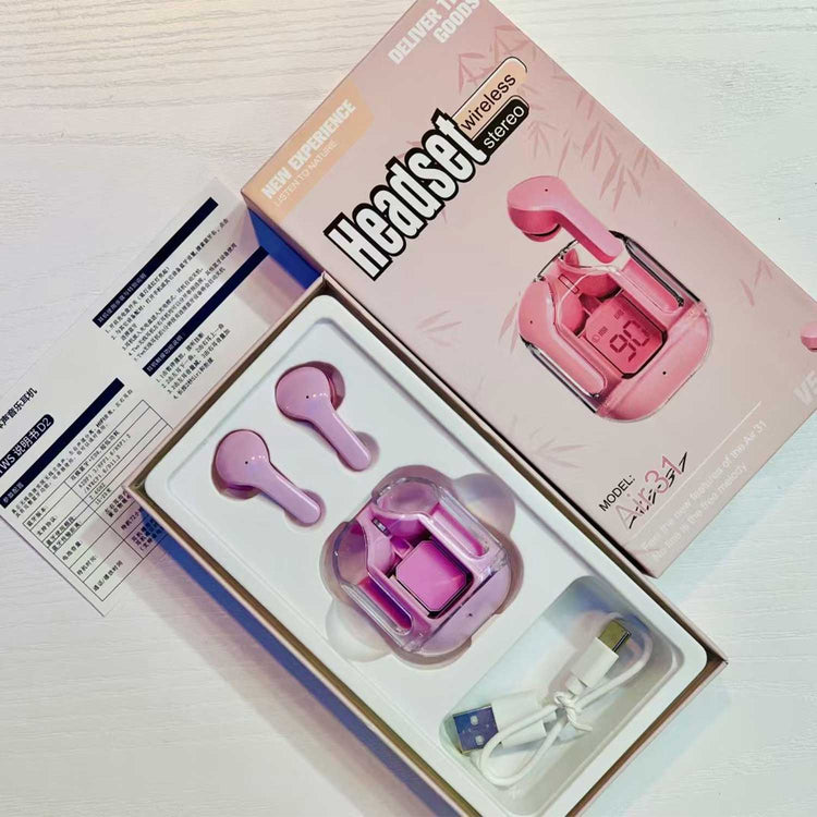 AIR 31 TWS ORIGINAL WITH BIG PACKING TRANSPARENT EARBUDS BLUETOOTH 5.3V Pink