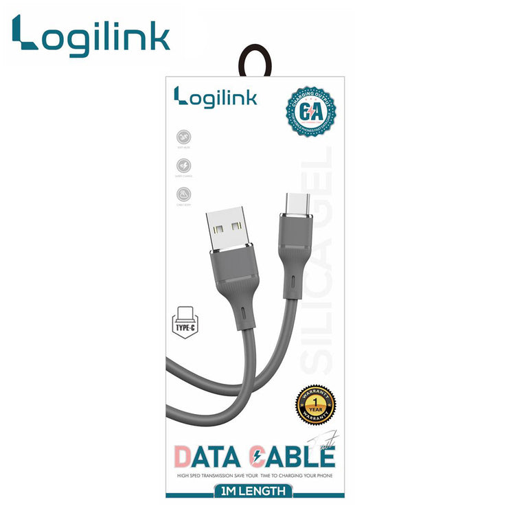 LOGILINK USB TO TYPE C SILICONE FAST CHARGING DATA CABLE 1M (1 YEAR WARRANTY) GREY