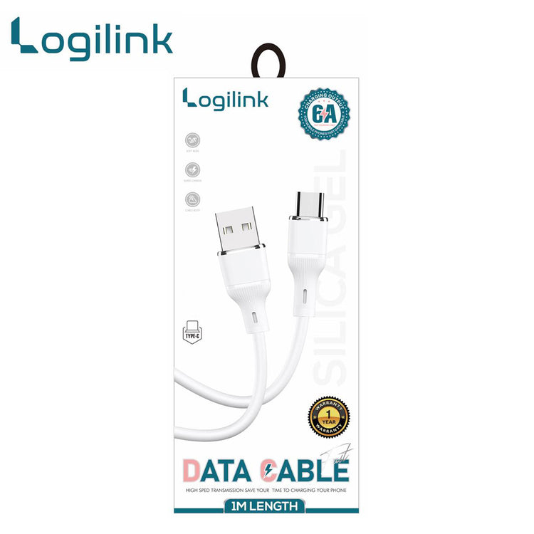 LOGILINK USB TO TYPE C SILICONE FAST CHARGING DATA CABLE 1M (1 YEAR WARRANTY) WHITE