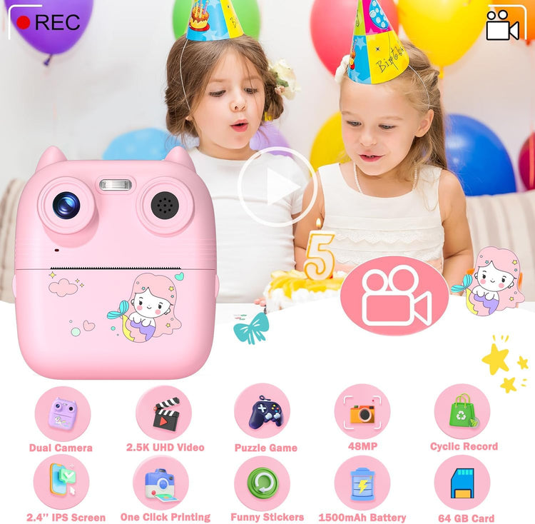 D8S CHILDRENS TIME FRONT/BACK REAR HD DIGITAL THERMAL PRINT CAMERA 1080P 48MP PINK